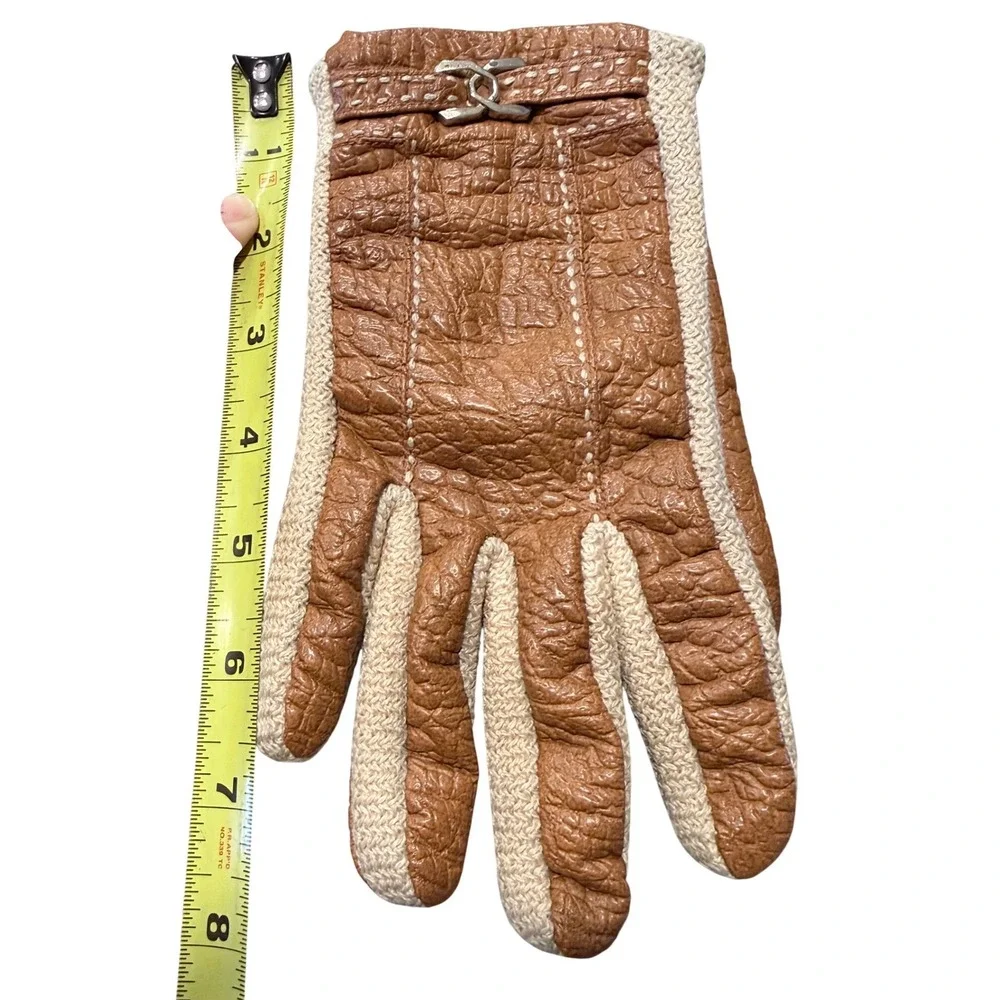 Vintage Aris Snuggler Women's Gloves Size L Brown Textured Leather Knit‎ Trim